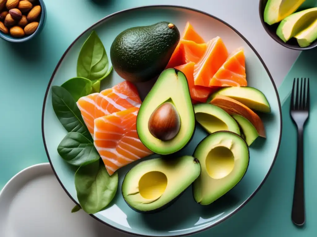 Una composición visualmente atractiva de alimentos cetogénicos frescos, que resaltan los beneficios para la función cerebral.