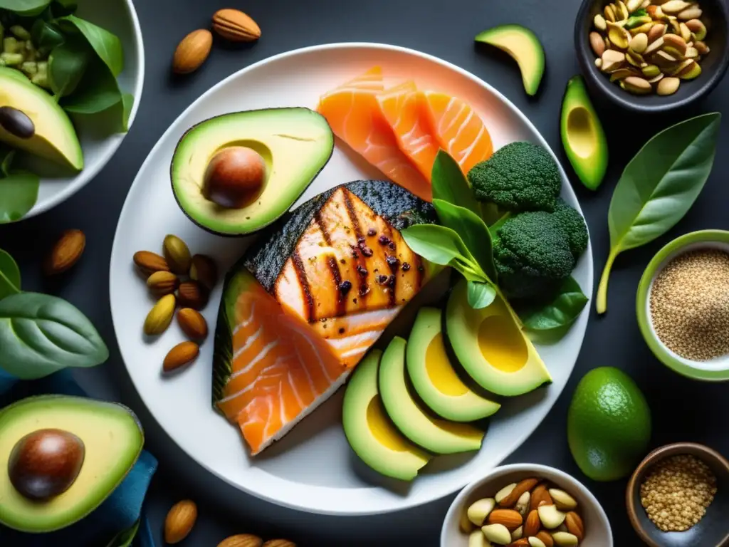 Una composición exquisita de alimentos cetogénicos de colores vibrantes, resaltando beneficios dieta cetogénica diabéticos sangre.