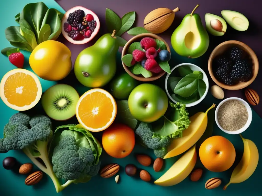 Una composición visualmente impactante de alimentos ricos en nutrientes, como frutas, verduras, nueces y semillas, resaltando la importancia de las vitaminas y minerales en la dieta cetogénica.