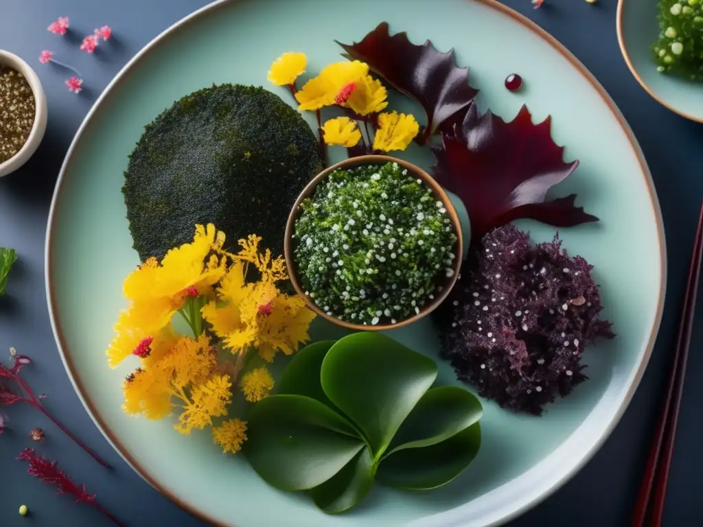 Exquisita variedad de algas marinas con detalles asombrosos Una composición visualmente impresionante de algas marinas con beneficios de algas en dieta cetogénica, con colores vibrantes y texturas detalladas.