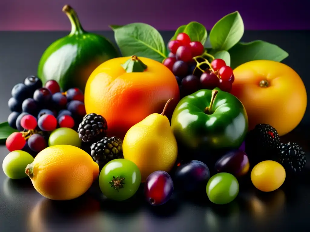 Una composición vibrante de alimentos frescos y saludables en una superficie oscura, destacando la dieta cetogénica y envejecimiento cutáneo.