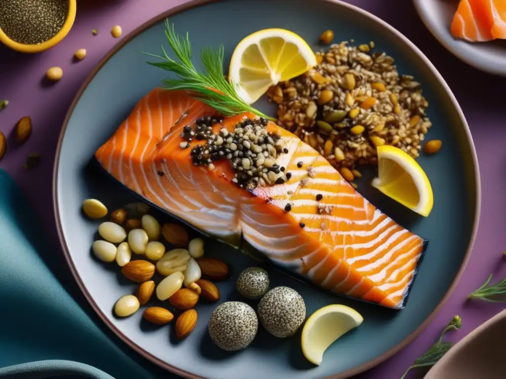 Una composición vibrante y fresca de alimentos ricos en Omega 3, resaltando su importancia en la dieta cetogénica.