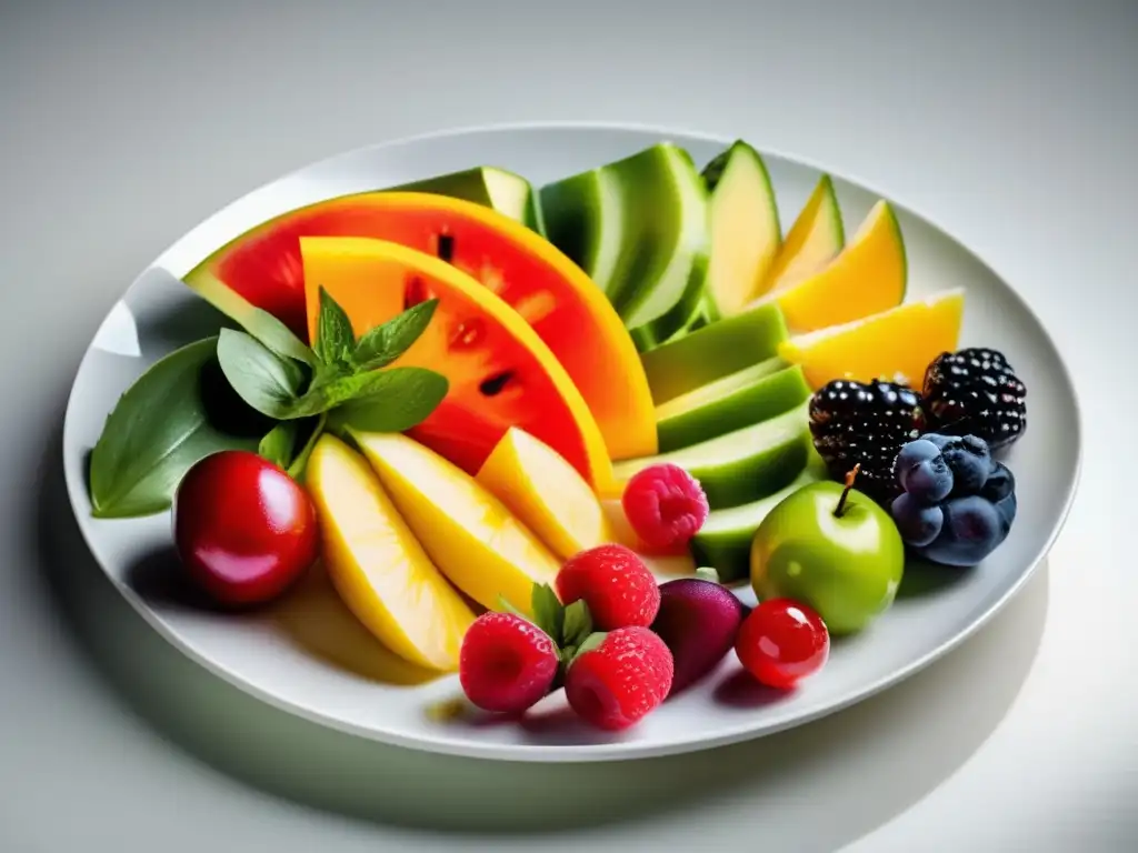 Una composición vibrante de frutas y verduras frescas y coloridas en un plato blanco, resaltando la importancia de la hidratación en dieta cetogénica.