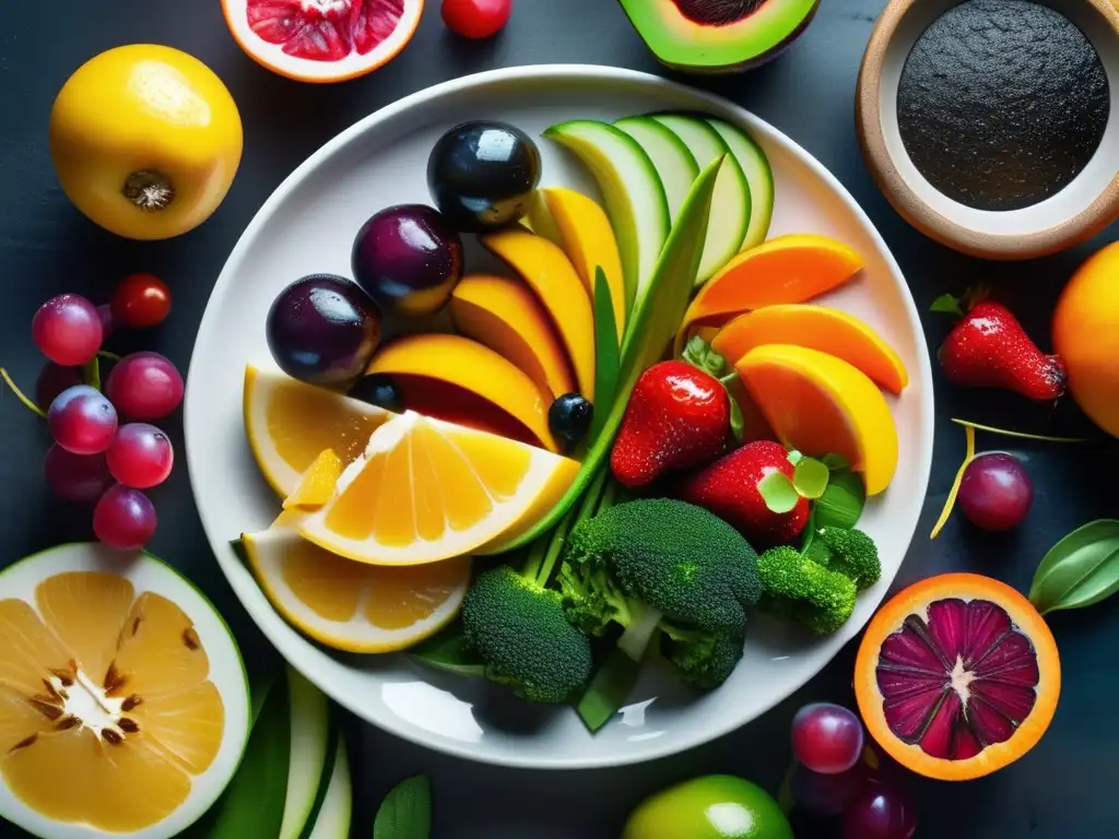 Una composición vibrante de frutas, verduras y proteínas, evocando una dieta cetogénica y rendimiento deportivo.