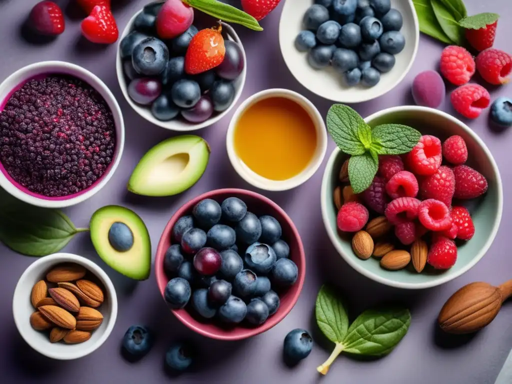 Una composición vibrante de superalimentos cetogénicos para despensa en una cocina moderna. Las texturas y colores crean una imagen llamativa.