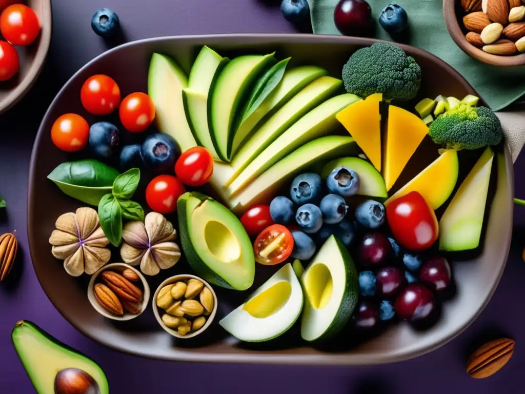 Deliciosos vegetales y nueces keto en closeup Una composición de vibrantes alimentos cetogénicos y frutos secos, perfecta para ajustar dieta cetogénica con wearables.