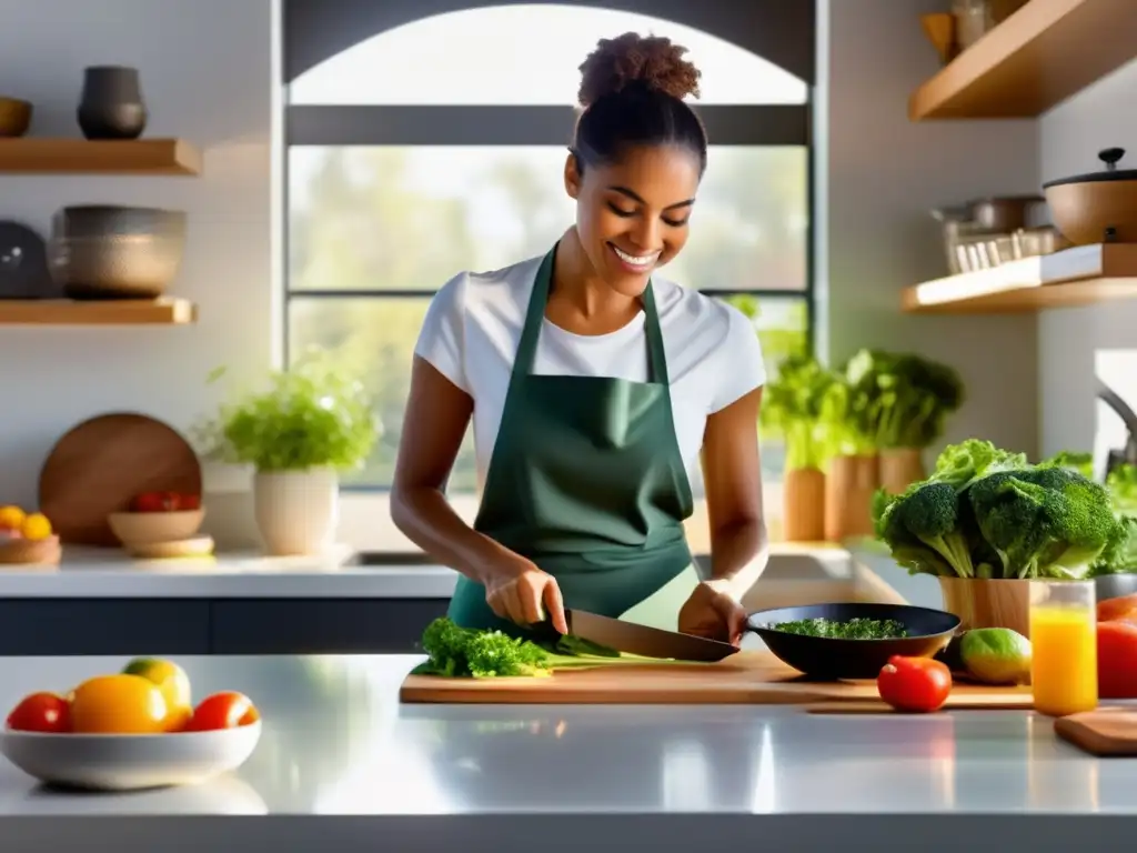 Preparación consciente de comida cetogénica en cocina moderna. Beneficios del Mindfulness en dieta cetogénica.