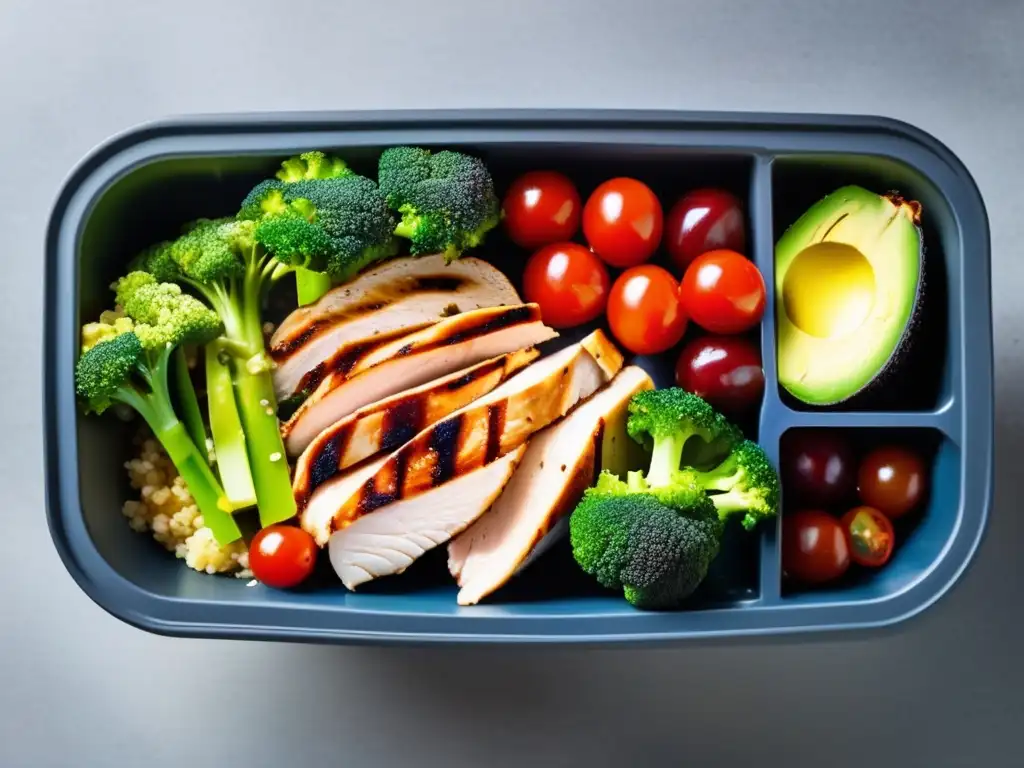 Un contenedor de comida preparada con pollo a la parrilla, quinoa, brócoli, aguacate y tomates, destacando el ciclado de carbohidratos en dieta cetogénica.