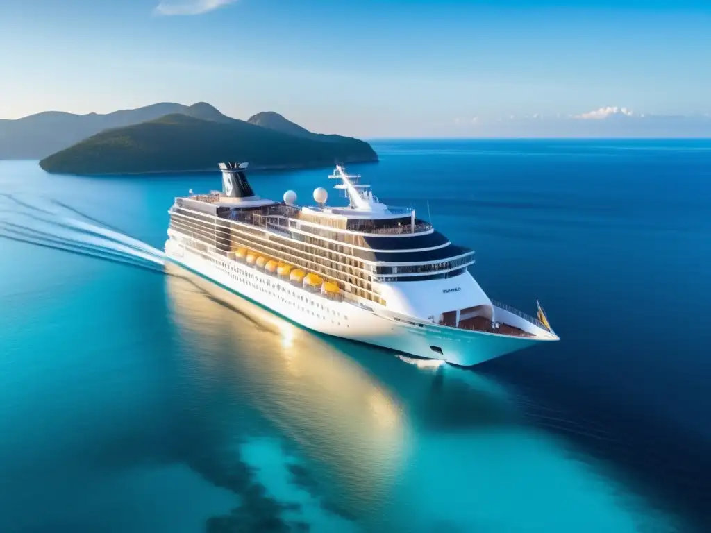 Un crucero de lujo navegando en aguas turquesas al atardecer, donde los pasajeros disfrutan de la vista. La elegancia y relajación de la experiencia cetogénica en cruceros se refleja en esta imagen.