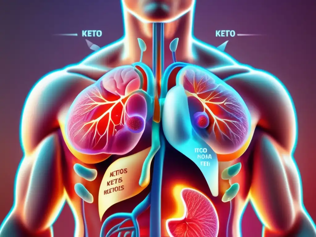 Un cuerpo humano detallado con piel transparente muestra la cetosis y su impacto en el rendimiento atlético.