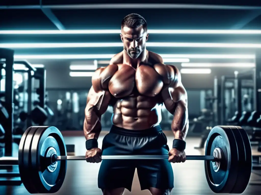 Un culturista levanta pesas en un gimnasio moderno, reflejando la determinación y enfoque del entrenamiento de pesas en dieta cetogénica.