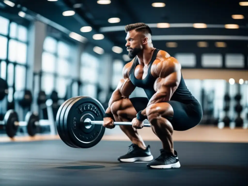 Un culturista profesional realiza sentadillas con barra en un gimnasio moderno, mostrando los resultados de la dieta cetogénica para culturismo.