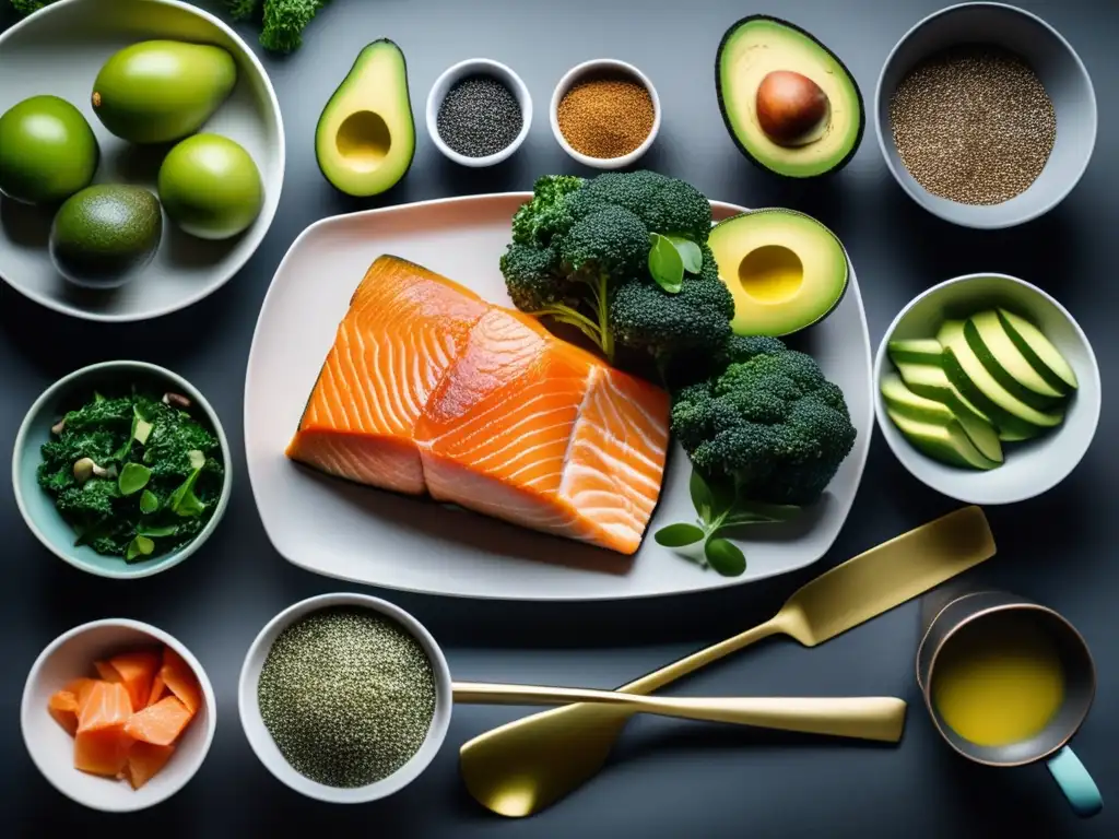 Una deliciosa y colorida comida cetogénica con superalimentos saludables, presentada de manera estilizada en una mesa minimalista.