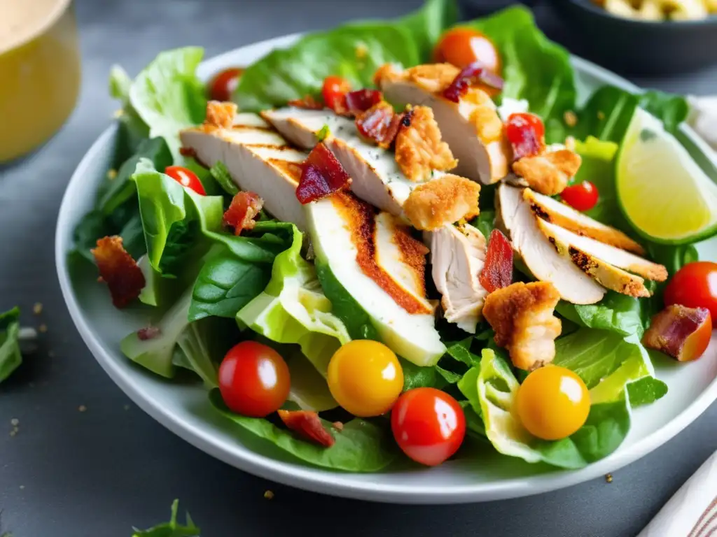 Una deliciosa y colorida ensalada César Keto con pollo crujiente, exudando frescura y arte culinario.