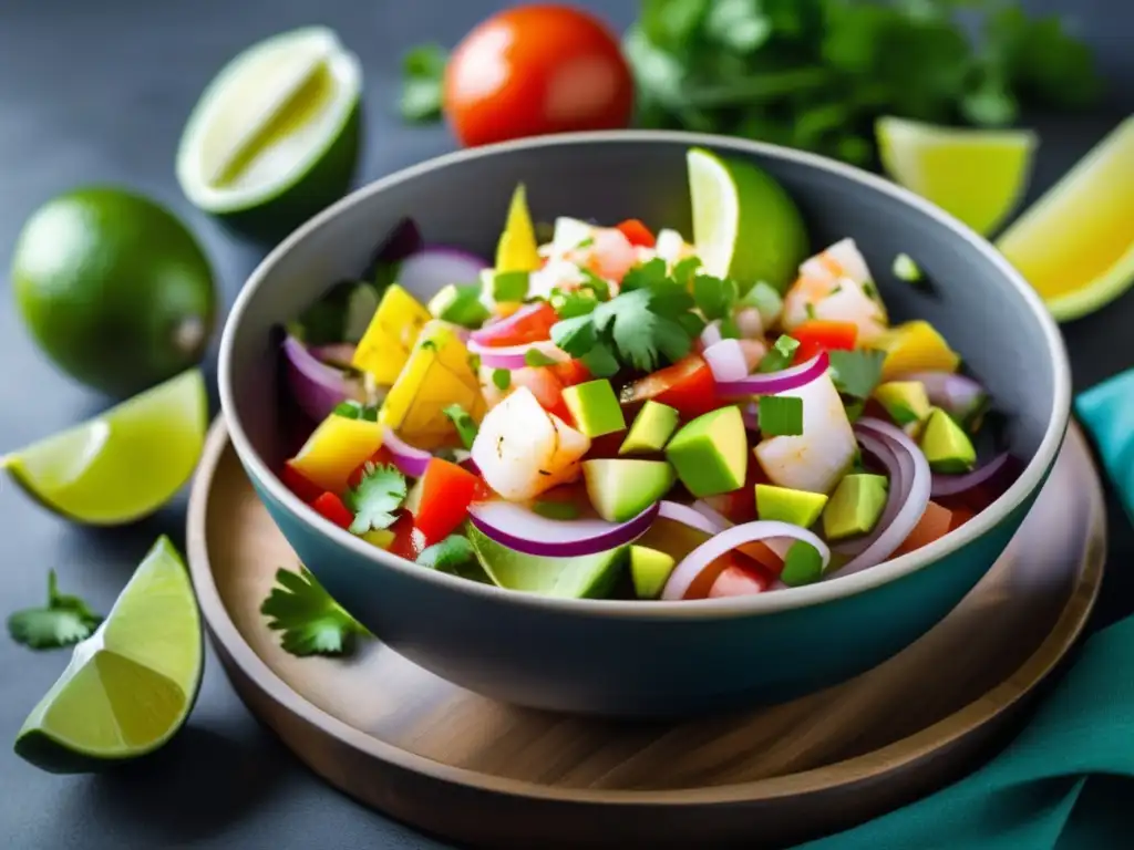 Una deliciosa y colorida presentación de ceviche keto, con pescado fresco, lima, aguacate y otros ingredientes, evocando frescura y sabor.