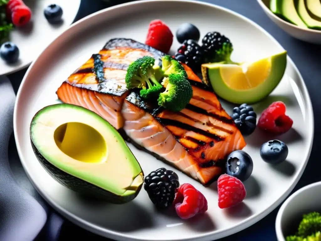 Una deliciosa comida cetogénica para la diabetes tipo 2, con salmón, aguacate, brócoli y bayas, presentada de forma exquisita en un plato blanco.