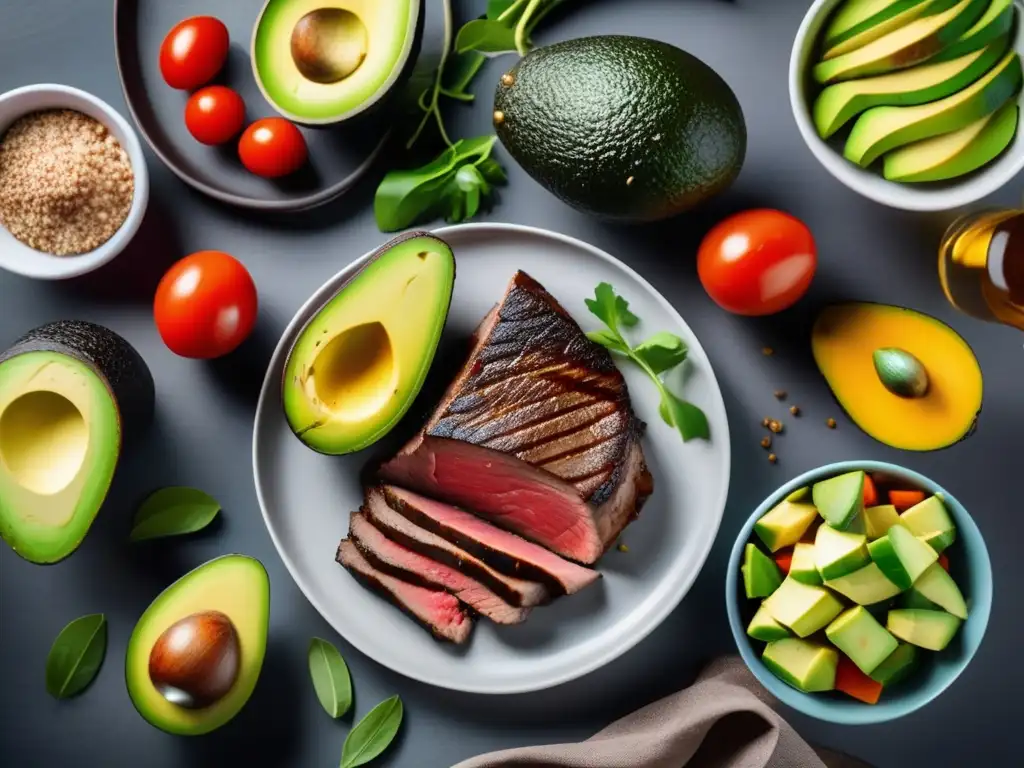 Una deliciosa comida cetogénica con vegetales frescos, filete y aguacate en una mesa moderna. La iluminación suave realza su apetitoso aspecto.