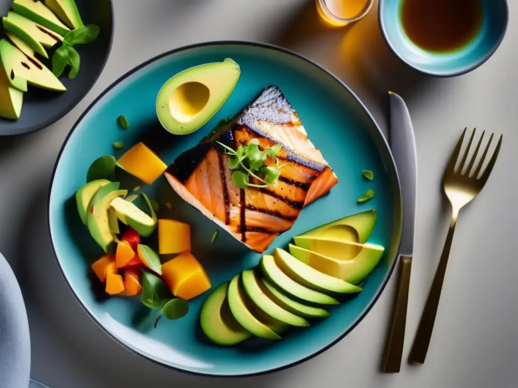 Una deliciosa comida cetogénica con verduras frescas, salmón a la parrilla y aguacate. Consejos dieta cetogénica comer fuera