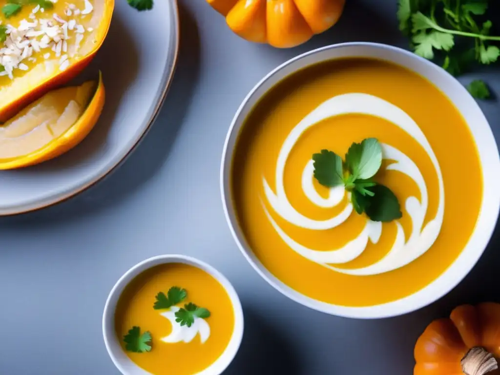 Una deliciosa crema de calabaza y coco keto, presentada de forma moderna y tentadora, con ingredientes de alta calidad.