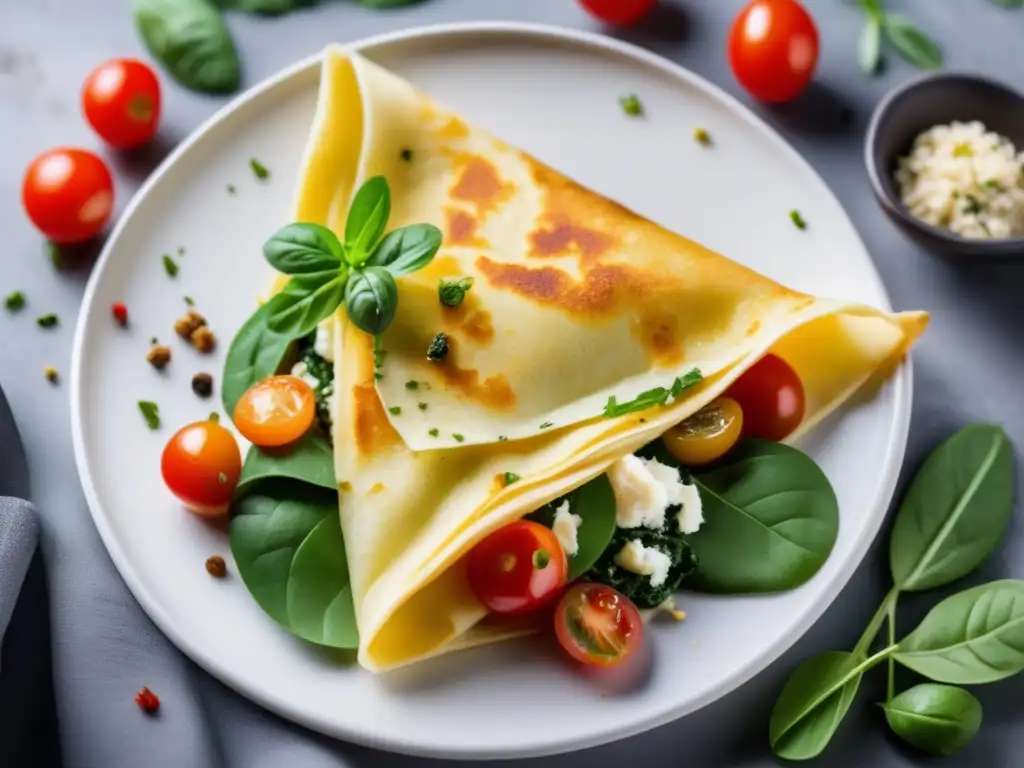 Deliciosa crepa cetogénica de espinacas y ricotta en plato blanco sobre mesa de madera. Recetas de crepes cetogénicas variadas.