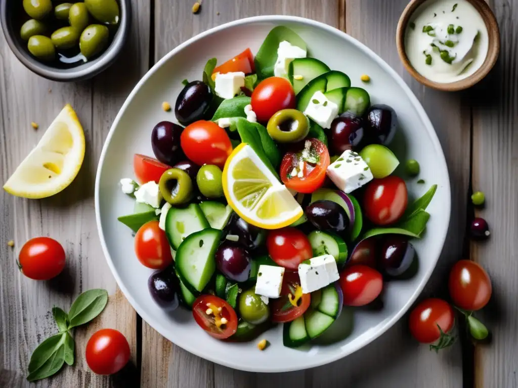 Una deliciosa ensalada griega tradicional con tomates rojos, pepinos crujientes, queso feta cremoso y aceitunas kalamata, todo aderezado con aceite de oliva y limón. <b>Presentada en un plato minimalista con un fondo de madera rústica.</b> ¡Recetas de cocina