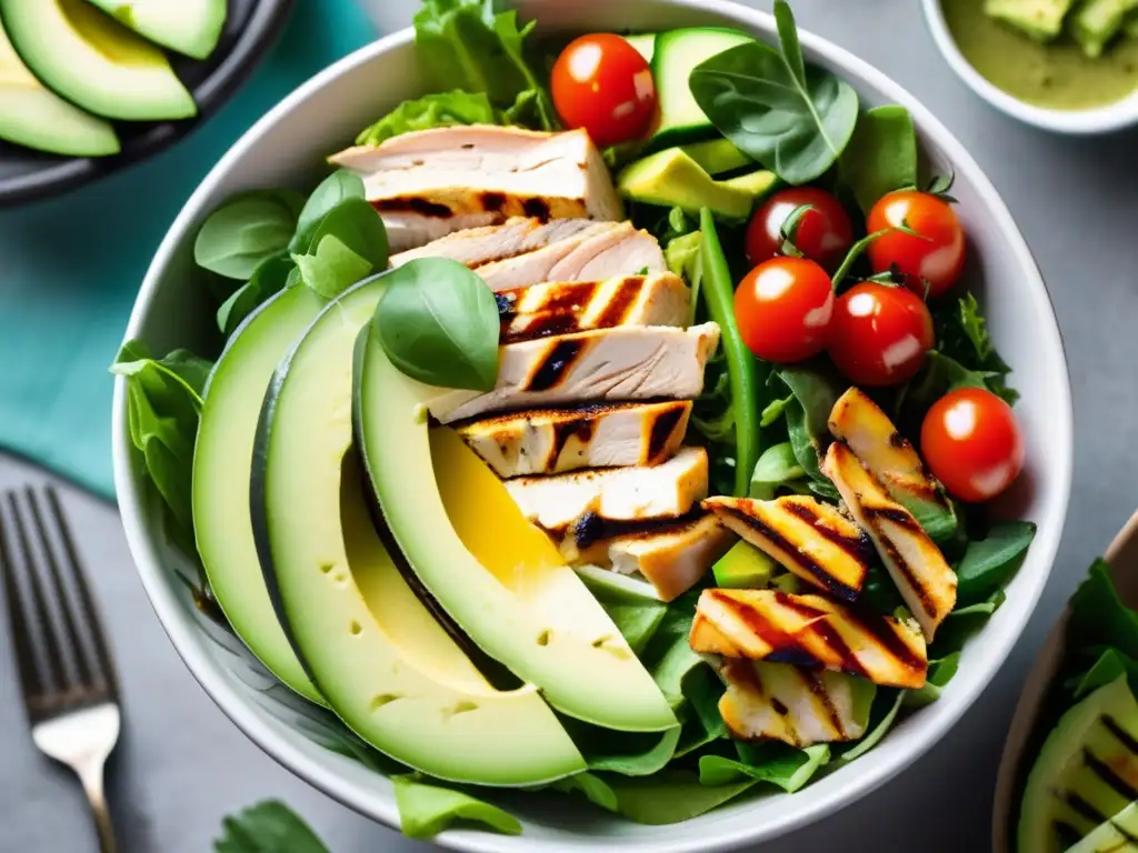 Una deliciosa ensalada keto con ingredientes frescos y coloridos, bañada en vinagreta balsámica, ideal para la dieta cetogénica en vacaciones.