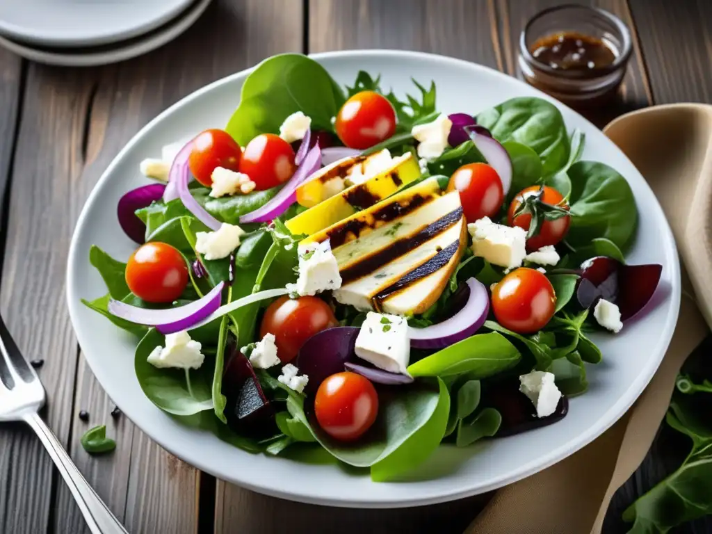 Una deliciosa ensalada mediterránea en plato blanco sobre mesa rústica, adaptando recetas de cocina cetogénica europea.