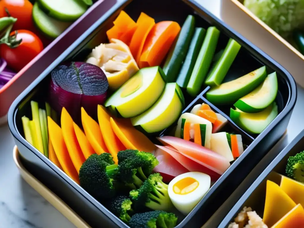 Una deliciosa y equilibrada dieta cetogénica en el trabajo, con vegetales vibrantes y proteínas magras en una elegante caja bento.