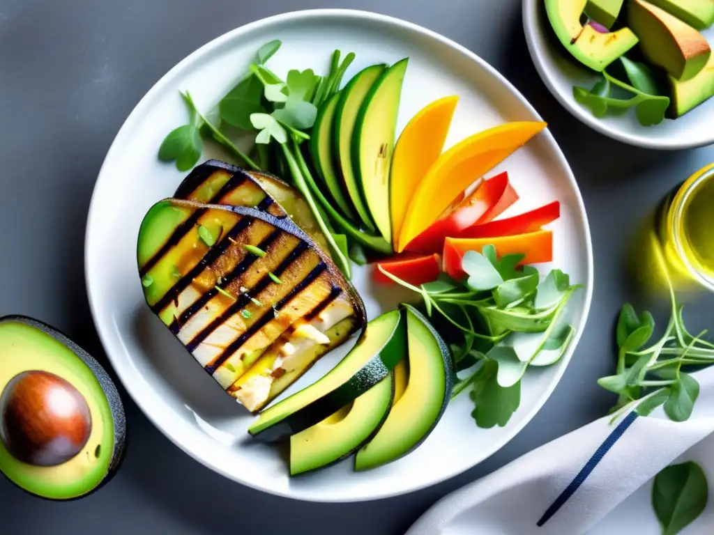 Una deliciosa opción cetogénica en restaurantes: un plato colorido con verduras a la parrilla, proteína suculenta y ensalada de aguacate.