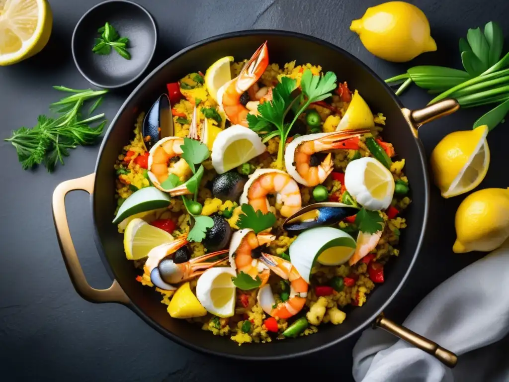 Una deliciosa paella cetogénica de coliflor, con mariscos, vegetales y hierbas frescas, sobre un elegante fondo de piedra negra.