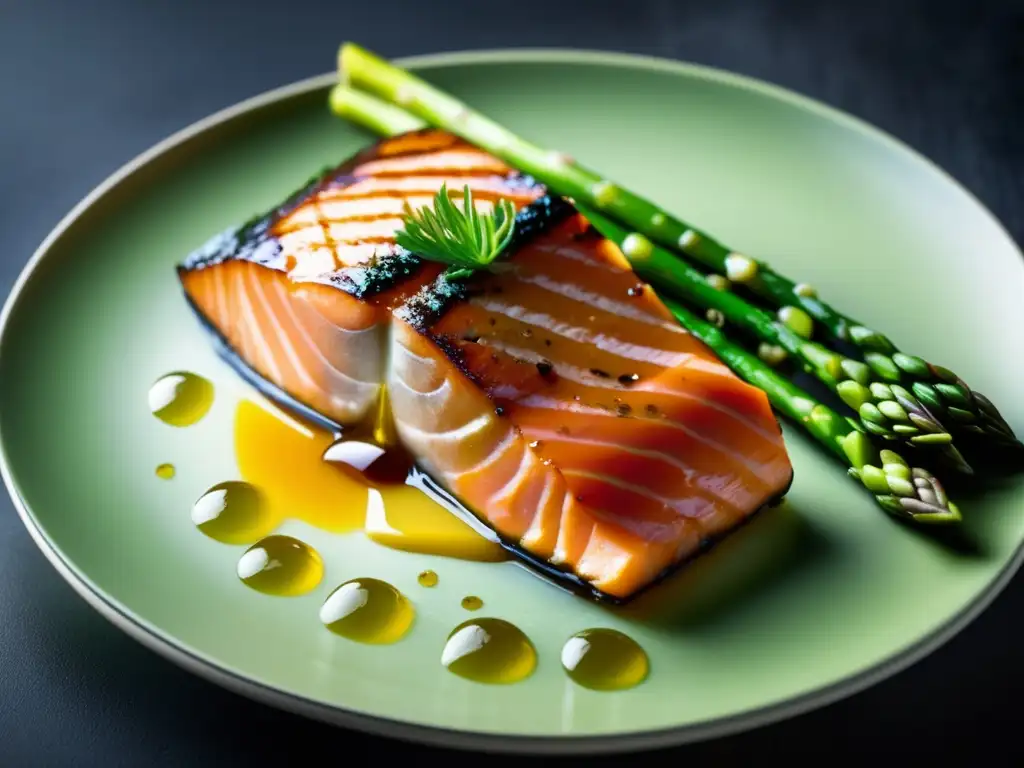 Una deliciosa receta ahumada para dieta cetogénica: Salmón a la parrilla con glaseado de miel sobre espárragos verdes.