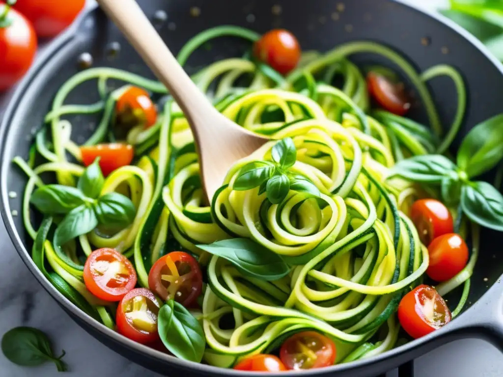 Deliciosa receta cetogénica: zoodles de calabacín salteados con tomate, ajo y albahaca fresca.