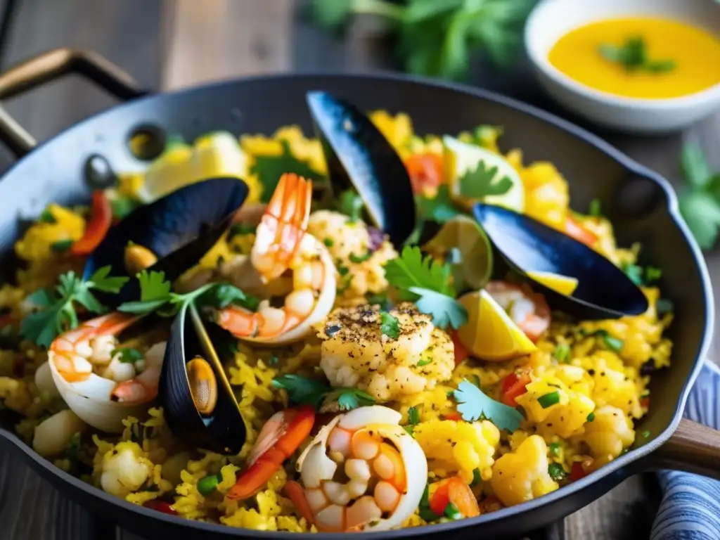 Una deliciosa receta de paella cetogénica de coliflor, con colores vibrantes y texturas, mariscos y hierbas frescas.