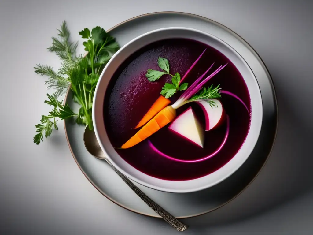 Sopa borsch rusa: moderna y vibrante Una deliciosa sopa de borsch rusa en un elegante plato, ideal para una dieta cetogénica.