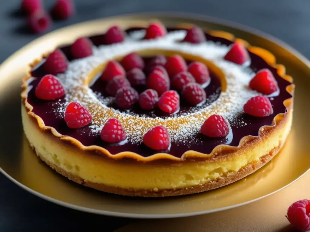 Una deliciosa Tarta de Santiago Cetogénica con diseño de harina de almendra, cubierta con erytritol en polvo y una frambuesa.