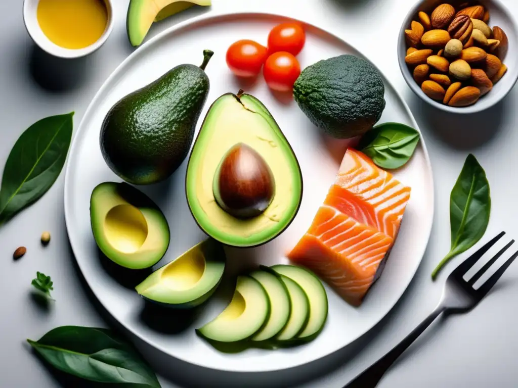 Una deliciosa variedad de alimentos cetogénicos sobre un plato blanco moderno, resaltando la prevención de la pérdida muscular en cetosis.