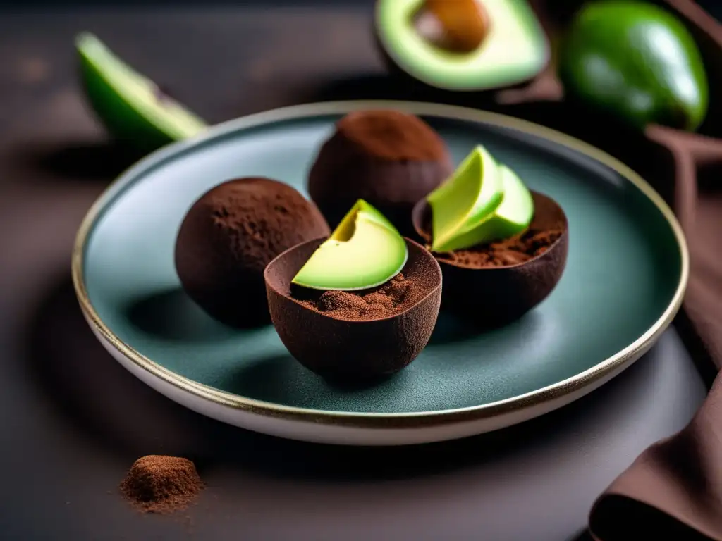 Deliciosas trufas de cacao y aguacate cetogénicas, exquisitamente detalladas y presentadas con elegancia.