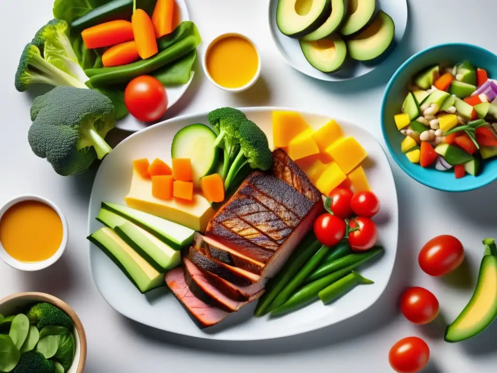 Un delicioso y colorido menú cetogénico para niños con variedad de alimentos frescos y saludables en un plato blanco.