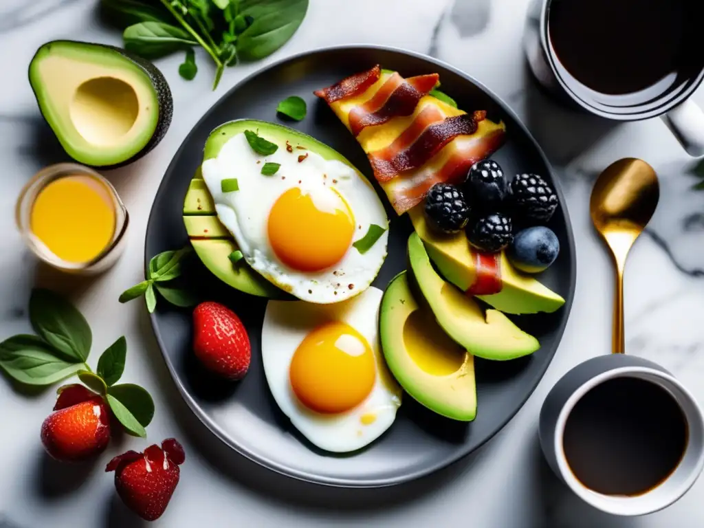 Un delicioso desayuno cetogénico internacional con aguacate, tocino, huevos y bayas frescas en un elegante plato sobre una encimera de mármol. Acompañado de una taza de café y hierbas frescas.