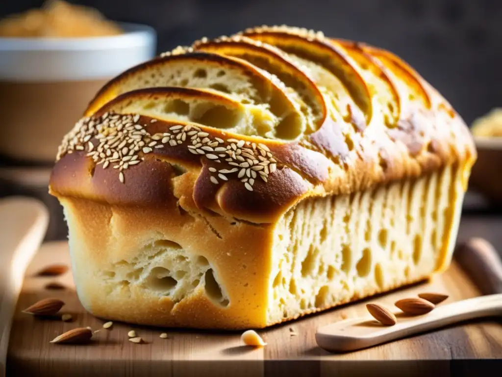 Un delicioso pan cetogénico casero con una corteza dorada y textura rústica, sobre una tabla de madera.