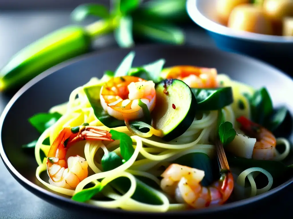 Un delicioso plato de cocina asiática baja en carbohidratos: Pad Thai con fideos de calabacín, camarones y brotes.