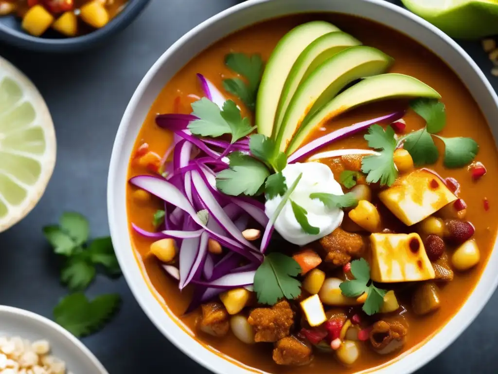 Un delicioso pozole mexicano cetogénico en plato moderno, con ingredientes tradicionales adaptados. Recetas dieta cetogénica platos típicos