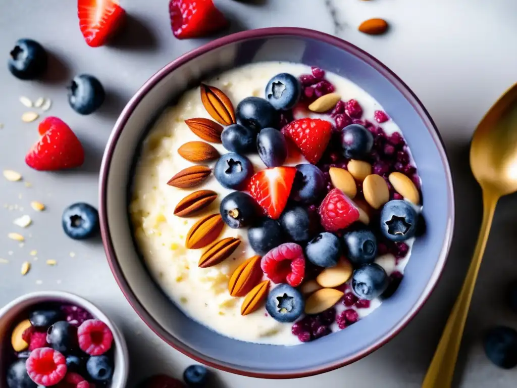 Un delicioso Porridge Keto con Semillas de Chía rodeado de bayas frescas y frutos secos en un encantador y nutritivo despliegue.