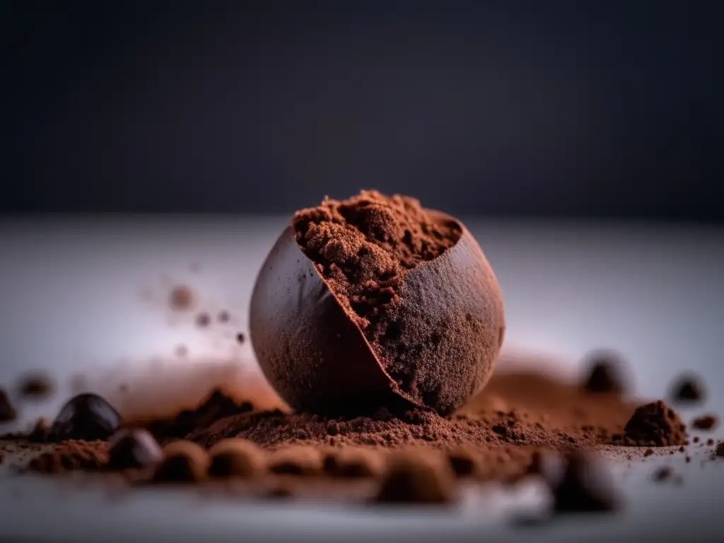 Un delicioso trufa de chocolate cetogénico saludable, envuelta en cacao, con polvo de cacao suspendido en el aire.