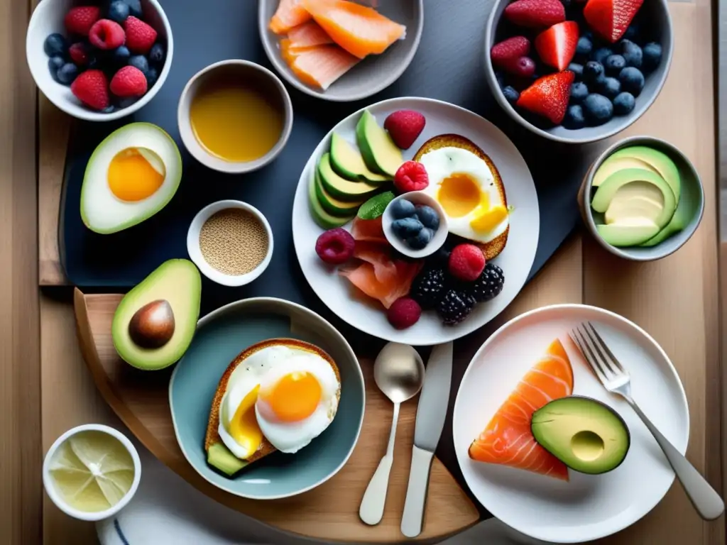 Un desayuno cetogénico sin carbohidratos, artísticamente presentado en una mesa de madera moderna con luz natural que realza los colores y texturas de los alimentos.