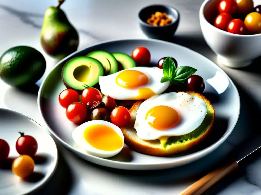 Un desayuno cetogénico sin carbohidratos, exquisitamente presentado en plato sobre mesa de mármol, bañado por luz natural.