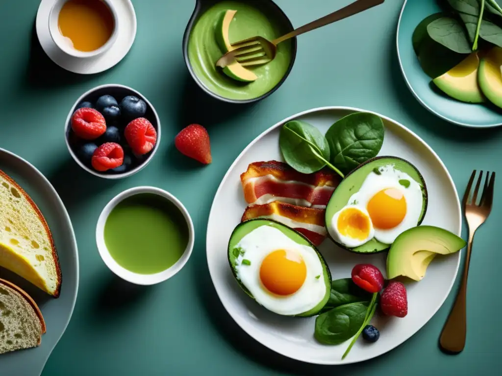 Un desayuno cetogénico sin carbohidratos: una selección de alimentos frescos y vibrantes en una presentación elegante y minimalista.