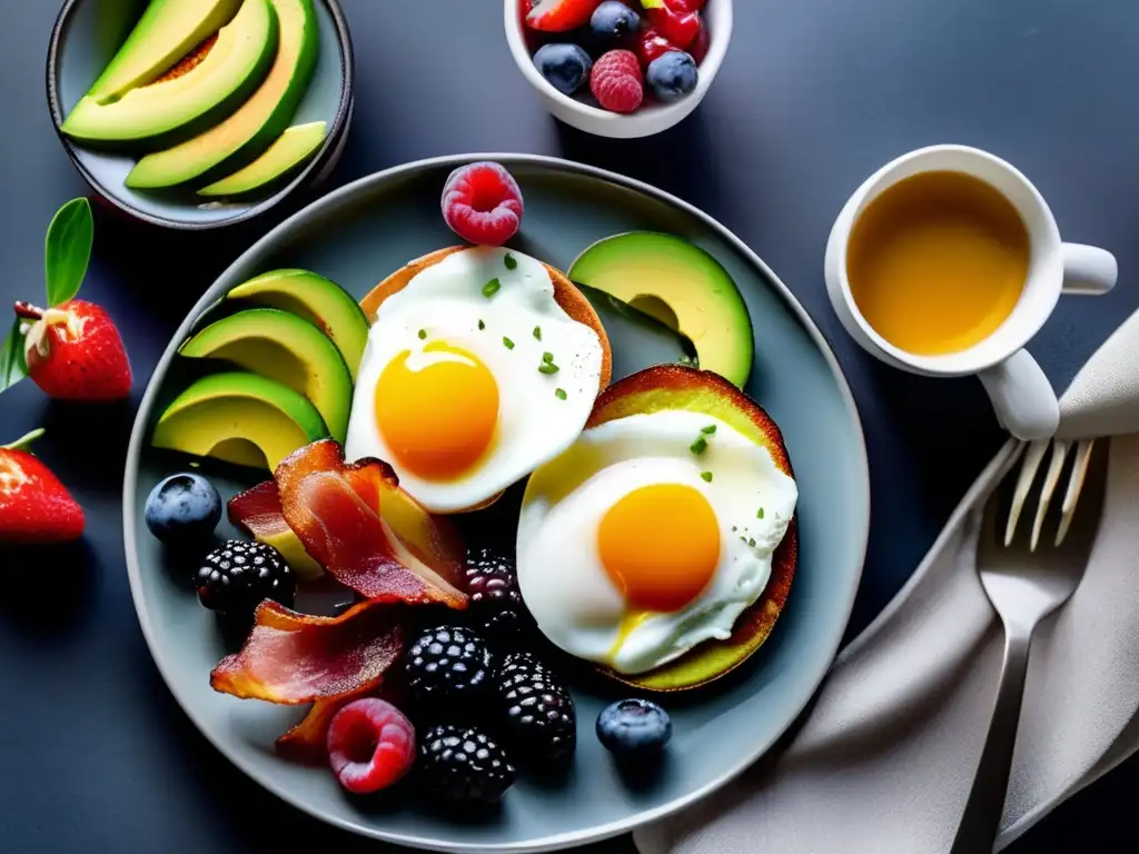 Un desayuno cetogénico para un día productivo: pochados, bacon, aguacate y bayas frescas en un plato elegante sobre una mesa moderna.