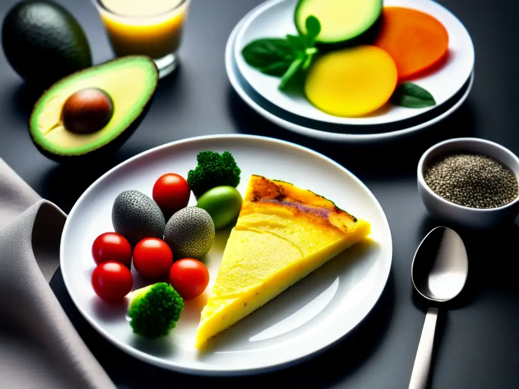 Un desayuno cetogénico para un día productivo: omelette colorido, aguacate, chía y café aromático en plato blanco moderno.