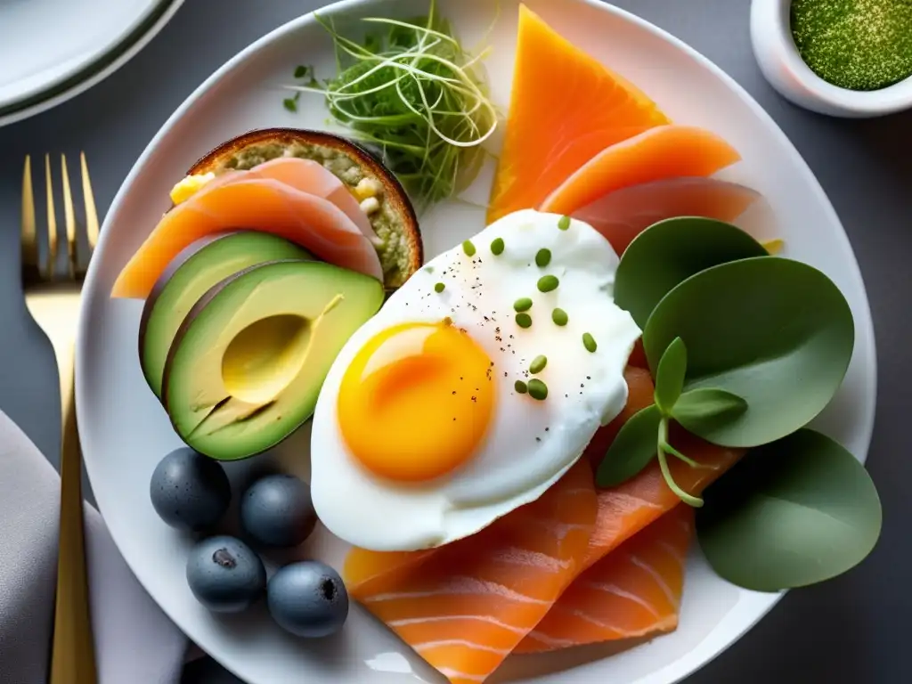 Un desayuno cetogénico perfectamente dispuesto en una mesa moderna. Recetas de desayunos cetogénicos fáciles